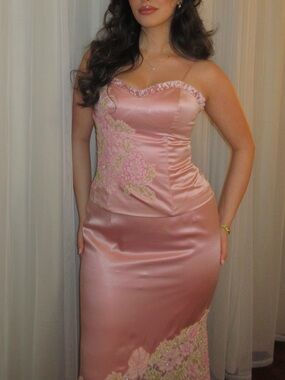 Silky Pink Embroidered Satin Slip Dress